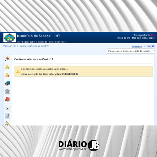 Prefeitura de Sapezal ainda não divulgou dados sobre a Covid-19 no Portal Transparência