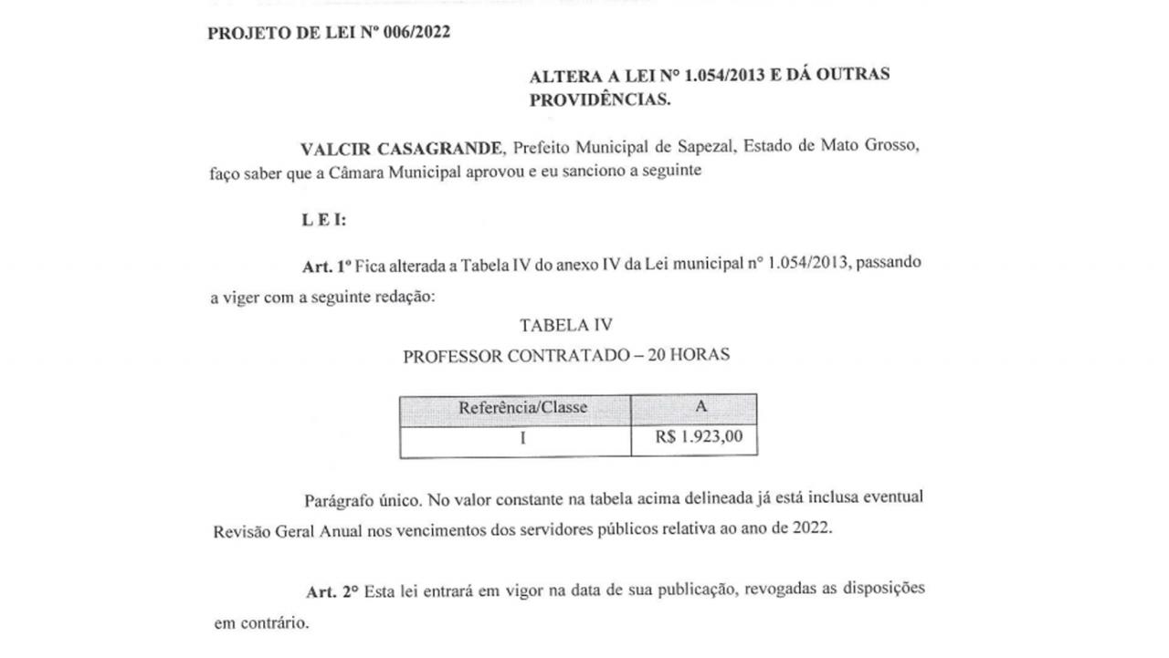 Executivo encaminha projeto que concede aumento para professores contratados no regime de 20 horas semanais