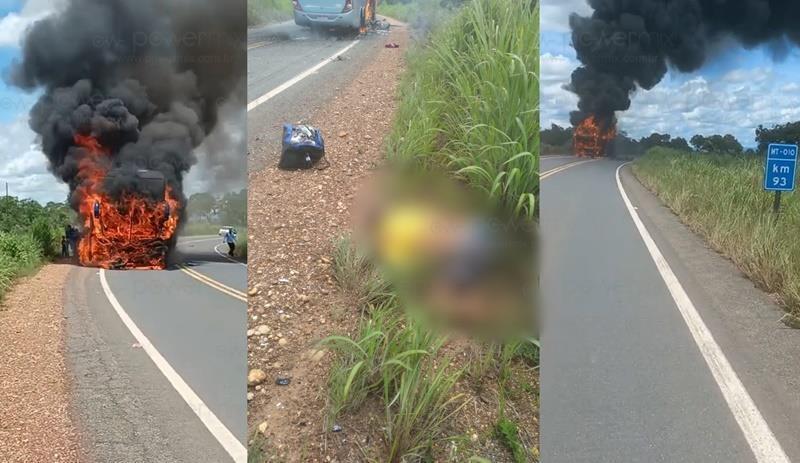 Colisão mata motociclista e fere 16 passageiros após ônibus pegar fogo na MT-010