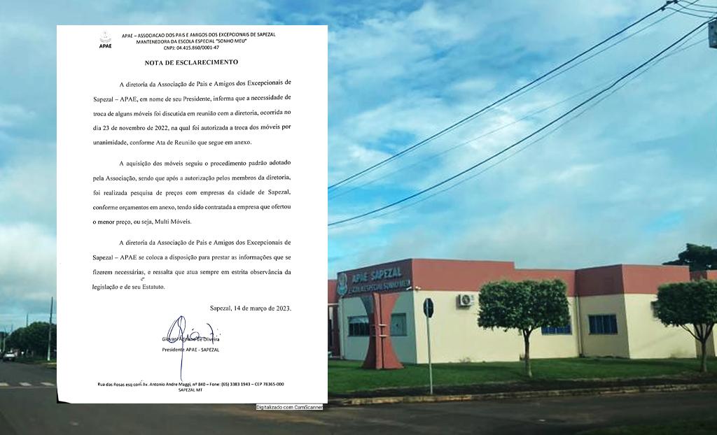 Presidente da Apae de Sapezal esclarece compra de móveis planejados