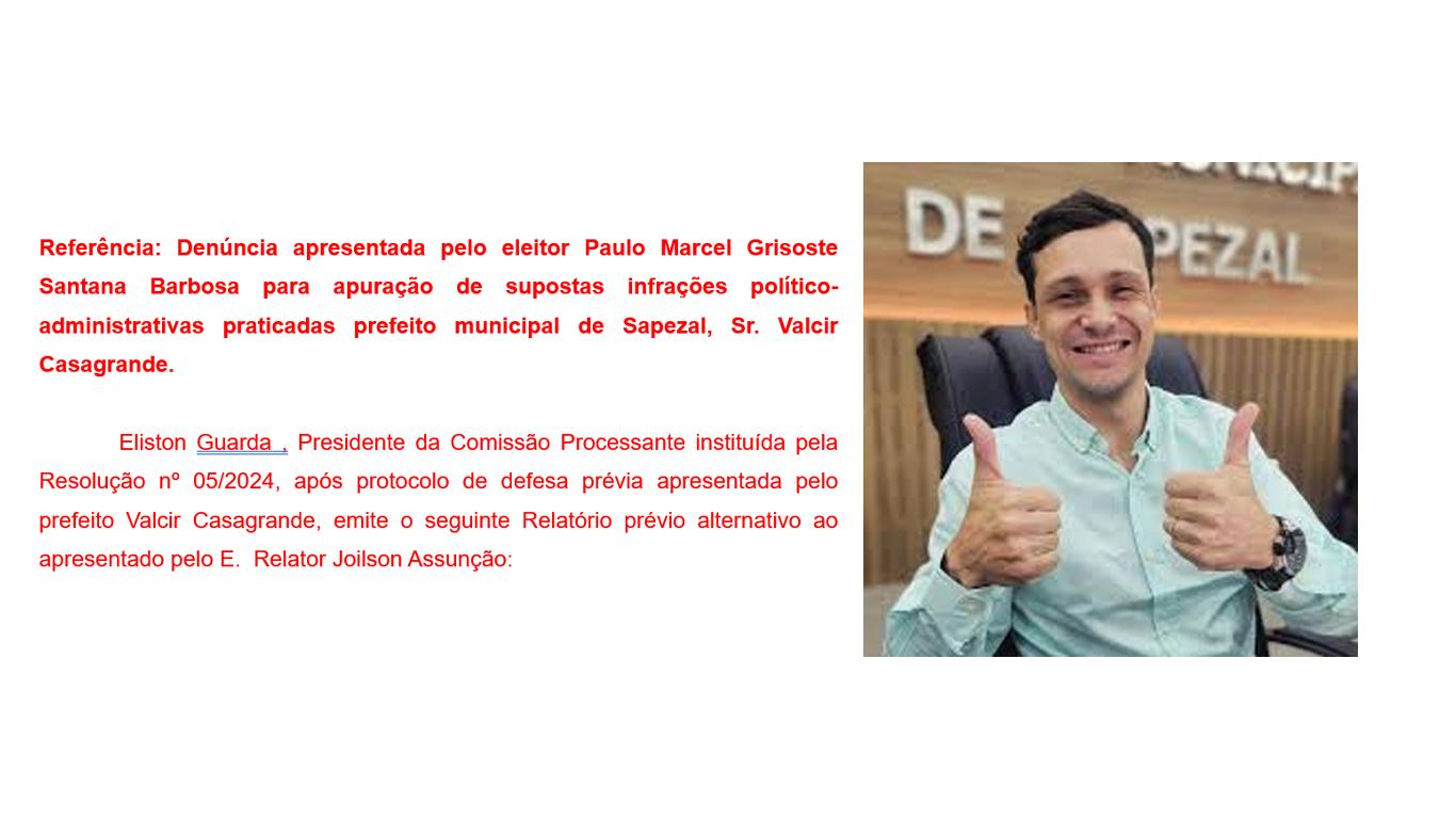 Relatório Preliminar assinado por Eliston aponta falta de tempo e sugere que próprio Executivo investigue supostos crimes