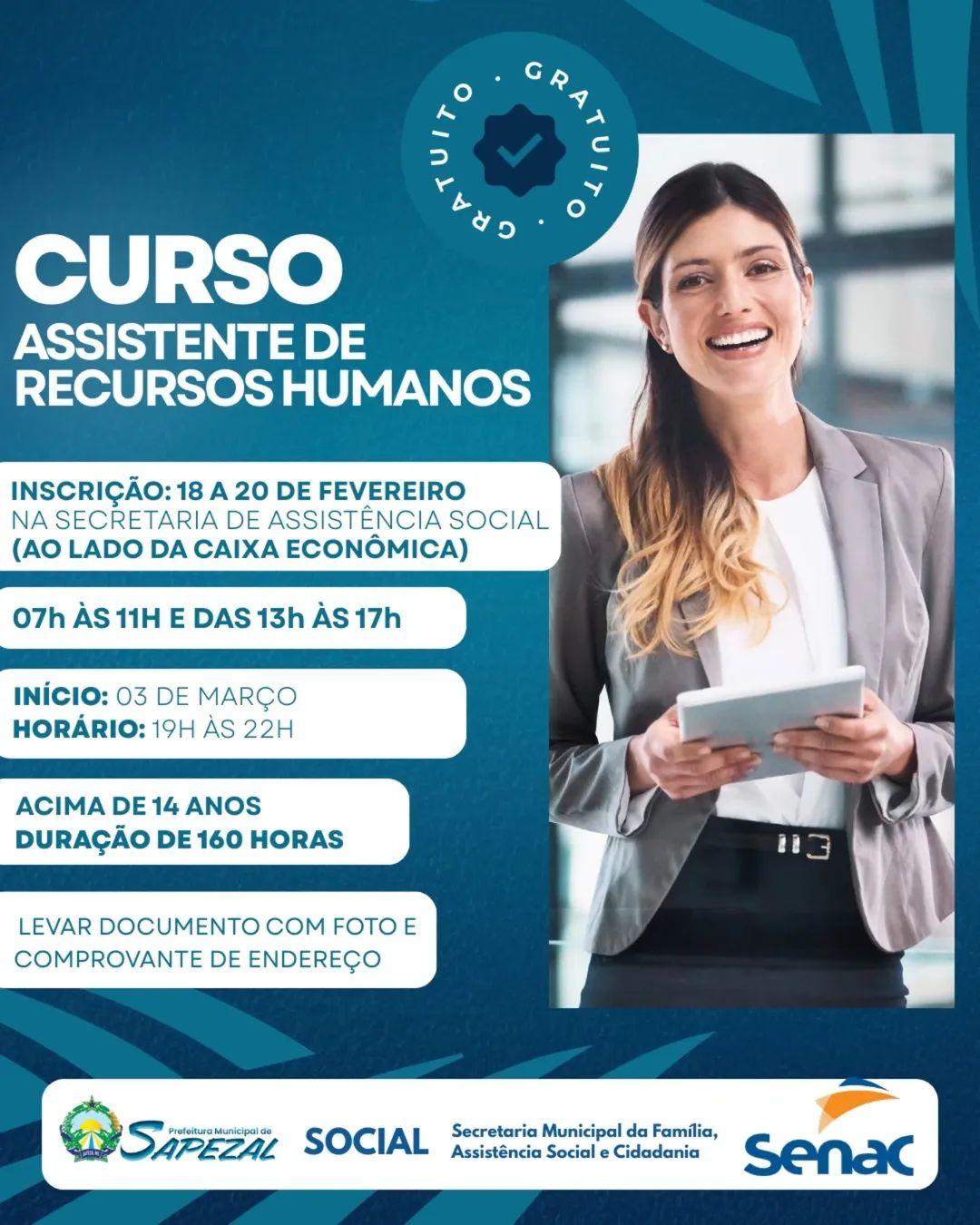 Prefeitura abre inscrições para curso gratuito de Assistente de Recursos Humanos em Sapezal