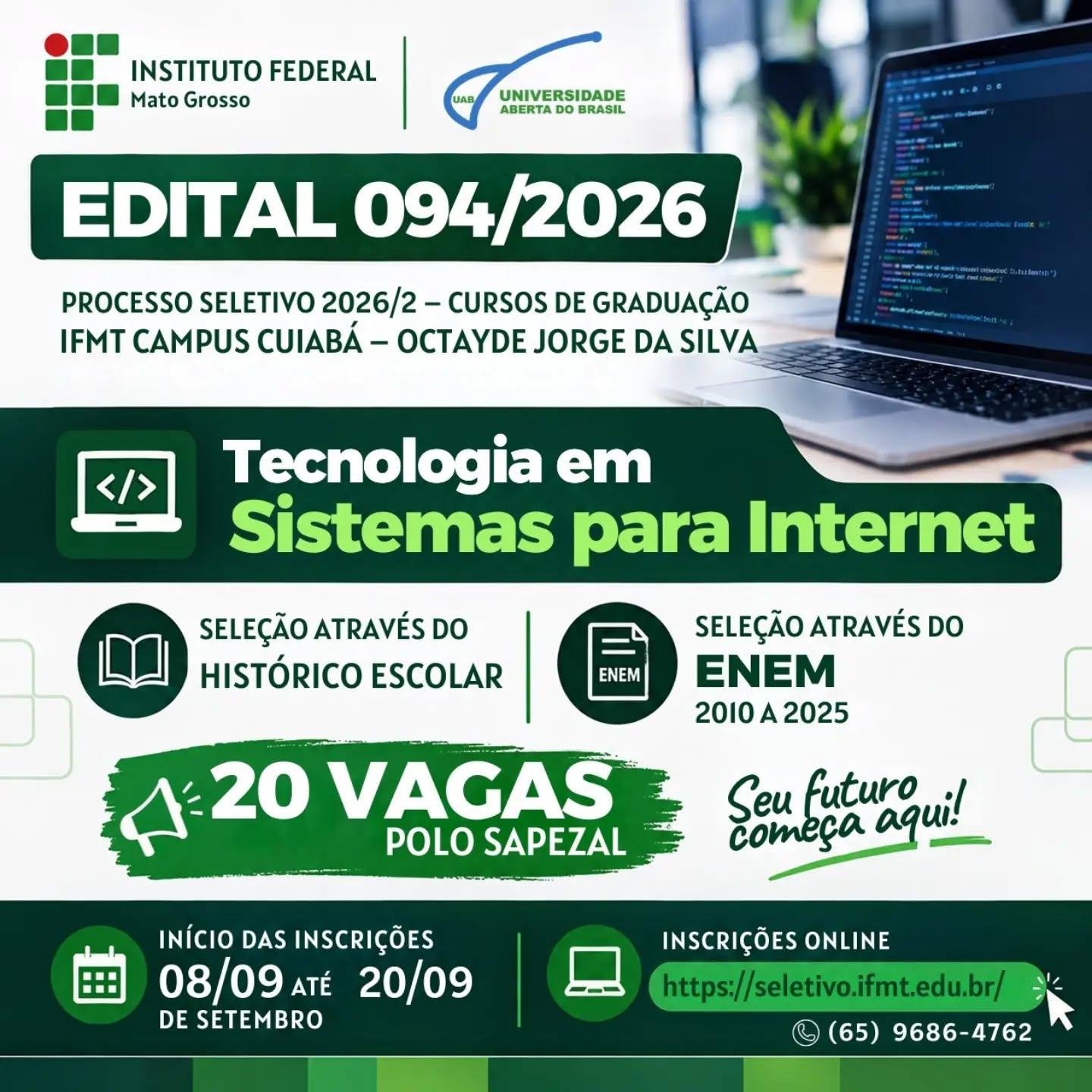 IFMT abre inscrições para graduação EAD em Sistemas para Internet no Polo de Sapezal