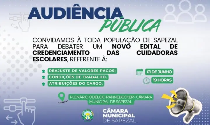 Câmara de Sapezal realizará audiência pública para discutir novo edital das cuidadoras escolares