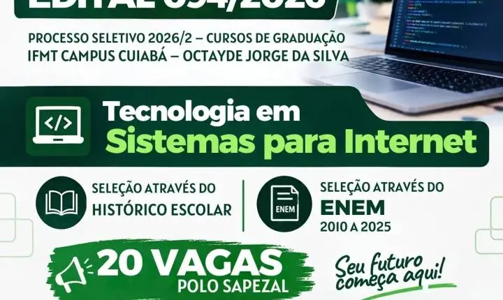 IFMT abre inscrições para graduação EAD em Sistemas para Internet no Polo de Sapezal